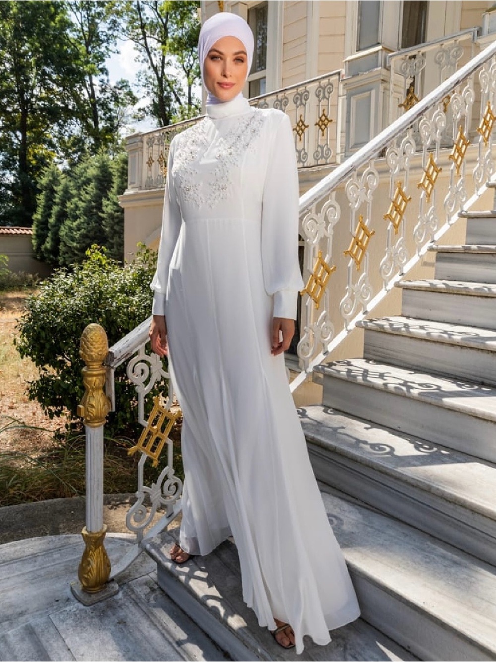 White Long-Sleeve Modest/Wedding/Graduation Dress with Embellished Bodice